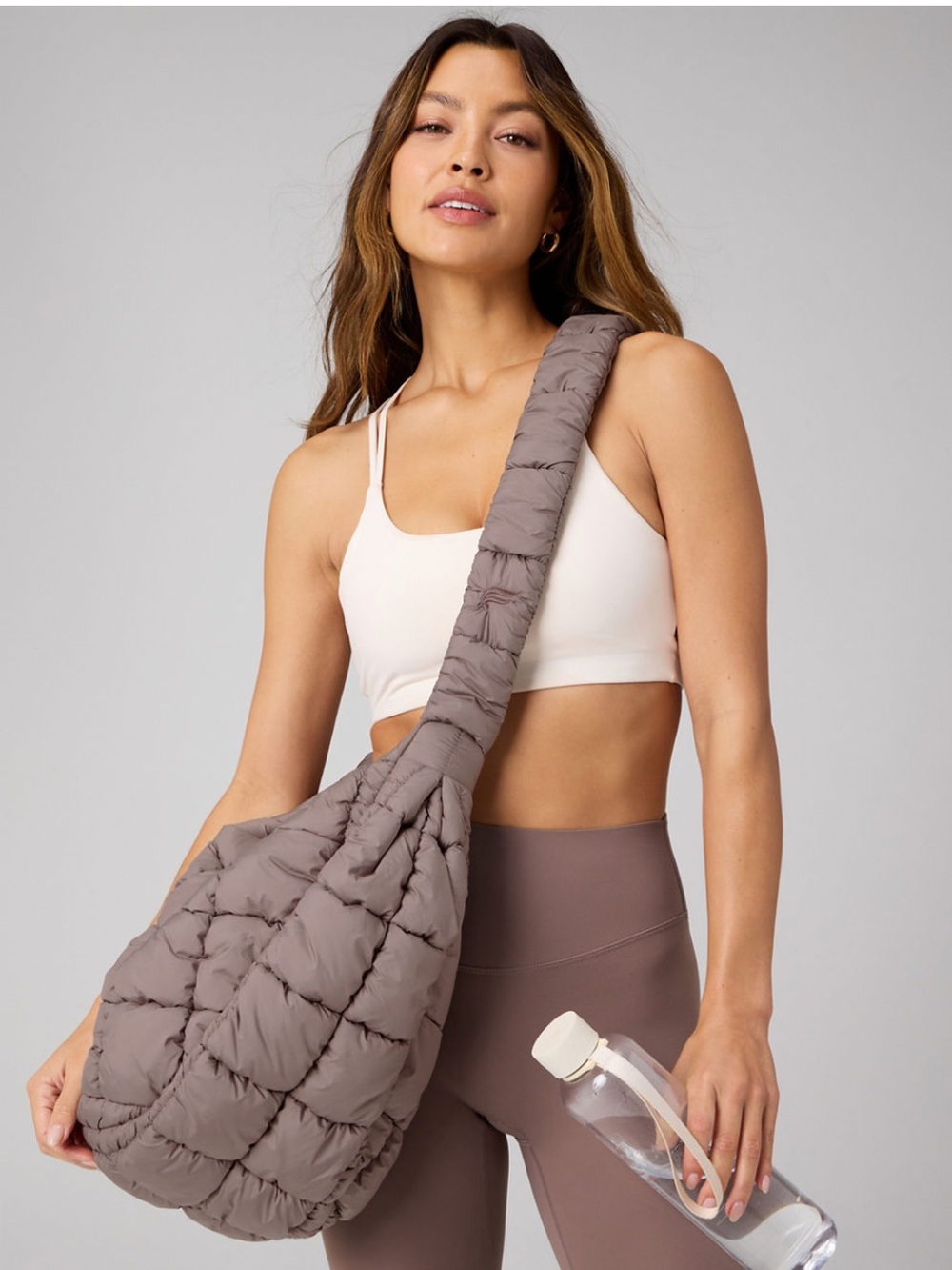 Fabletics Quilted Shoulder Bag in Taupe - Women's Crossbody Tote